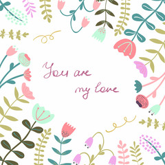 Stylish  vector background with place for text. Gentle floral card with vintage flowers in bright colors.