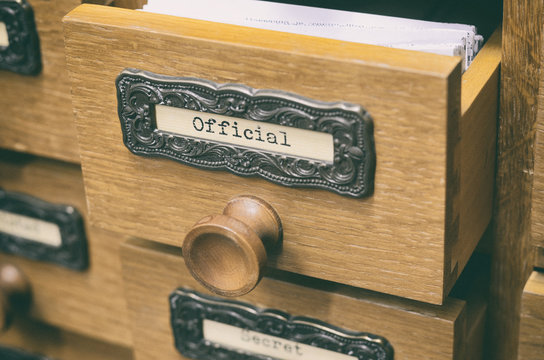 Old wooden archive files catalog drawer,  Official files