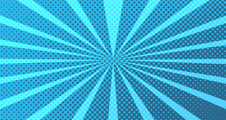 Vintage colorful comic book background. Blue blank bubbles of different shapes. Rays, radial, halftone, dotted effects. For sale banner for your designe 1960s. With copy space eps10.