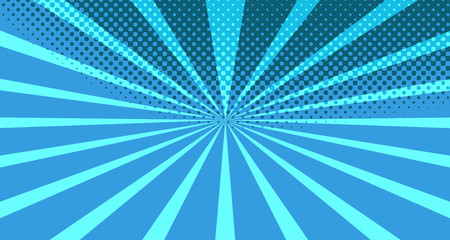 Vintage colorful comic book background. Blue blank bubbles of different shapes. Rays, radial, halftone, dotted effects. For sale banner for your designe 1960s. With copy space eps10.