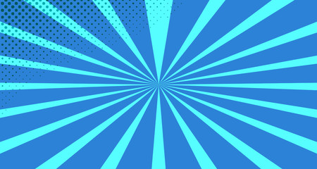Vintage colorful comic book background. Blue blank bubbles of different shapes. Rays, radial, halftone, dotted effects. For sale banner for your designe 1960s. With copy space eps10.