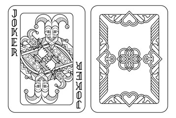 A playing card Joker and reverse or back of cards in black and white from a new modern original complete full deck design. Standard poker size.