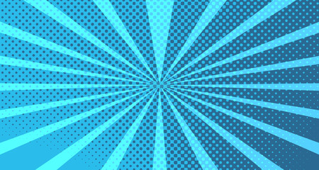Vintage colorful comic book background. Blue blank bubbles of different shapes. Rays, radial, halftone, dotted effects. For sale banner for your designe 1960s. With copy space eps10.