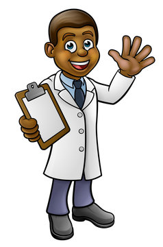A cartoon scientist professor wearing lab white coat waving and holding a clipboard