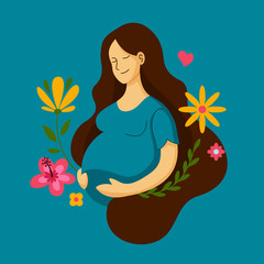 Pregnant woman vector flat illustration with flower botanical leaf ornament background for happy mother's day poster concept design