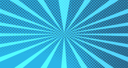 Vintage colorful comic book background. Blue blank bubbles of different shapes. Rays, radial, halftone, dotted effects. For sale banner for your designe 1960s. With copy space eps10.
