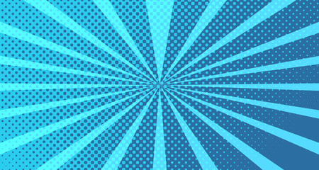 Vintage colorful comic book background. Blue blank bubbles of different shapes. Rays, radial, halftone, dotted effects. For sale banner for your designe 1960s. With copy space eps10.