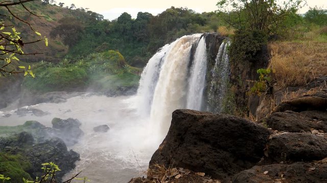 Slow motion view of the great Blue Nile Waterfall, Ethiopia on an overcast afternoon
