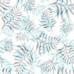 Fototapeta na wymiar watercolor winter blue and grey leaf seamless pattern