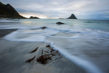Autumn sunset in Bleik beach, Lofoten Islands, Norway