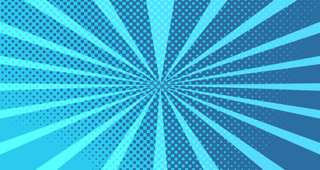 Vintage colorful comic book background. Blue blank bubbles of different shapes. Rays, radial, halftone, dotted effects. For sale banner for your designe 1960s. With copy space eps10.