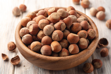 Hazelnuts in bowl on white wooden background. Selective focus.