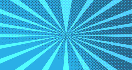 Vintage colorful comic book background. Blue blank bubbles of different shapes. Rays, radial, halftone, dotted effects. For sale banner for your designe 1960s. With copy space eps10.