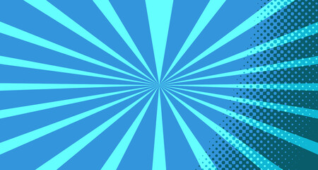 Vintage colorful comic book background. Blue blank bubbles of different shapes. Rays, radial, halftone, dotted effects. For sale banner for your designe 1960s. With copy space eps10.