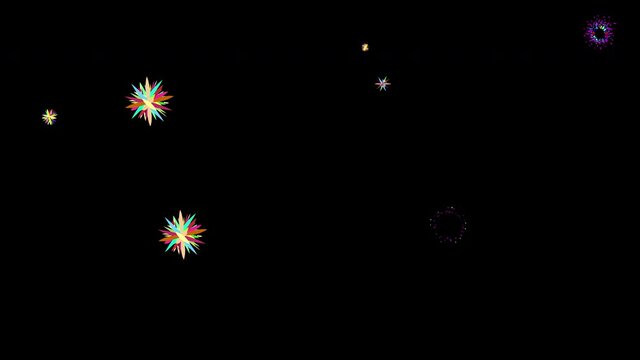 Animation of multicolor flashes. The concept of cartoon of stars and decorations for a childrens holiday. For overlay, transition. Alpha channel. 
