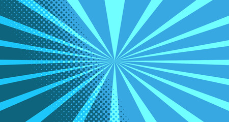 Vintage colorful comic book background. Blue blank bubbles of different shapes. Rays, radial, halftone, dotted effects. For sale banner for your designe 1960s. With copy space eps10.