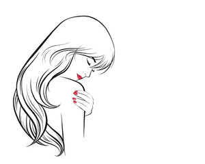 girl face long hair portrait isolated on white background. hand drawn vector illustration line art
