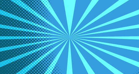 Vintage colorful comic book background. Blue blank bubbles of different shapes. Rays, radial, halftone, dotted effects. For sale banner for your designe 1960s. With copy space eps10.