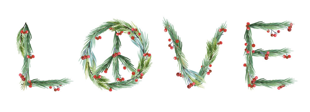 Watercolor Peace Symbol. Christmas Card Peaceful, joy, love, hope symbol, Ecology clipart, Eco New Year Watercolor Clip Art, christmas  wreath, Lettering