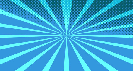 Vintage colorful comic book background. Blue blank bubbles of different shapes. Rays, radial, halftone, dotted effects. For sale banner for your designe 1960s. With copy space eps10.