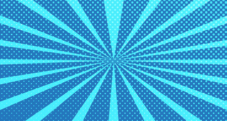 Vintage colorful comic book background. Blue blank bubbles of different shapes. Rays, radial, halftone, dotted effects. For sale banner for your designe 1960s. With copy space eps10.