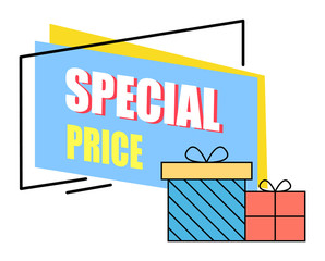 Special price from shop vector, isolated promotional banner with presents. Shopping discounts and sale for clients of store. Gifts with decorative wrapping paper for holidays. Clearance and offer