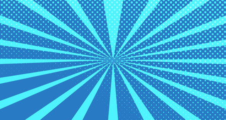 Vintage colorful comic book background. Blue blank bubbles of different shapes. Rays, radial, halftone, dotted effects. For sale banner for your designe 1960s. With copy space eps10.
