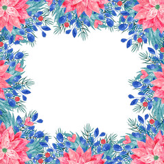 Celebration  border,menu template , frame with red poinsettia, leaves, berries,hearts and pine branches  isolated on white background. Christmas card