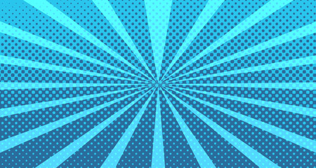 Vintage colorful comic book background. Blue blank bubbles of different shapes. Rays, radial, halftone, dotted effects. For sale banner for your designe 1960s. With copy space eps10.