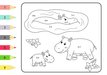 Study subtraction and addition. Math coloring page for children. Cute african animals - hippo family. Educational game for preschoolers.