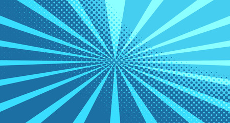 Vintage colorful comic book background. Blue blank bubbles of different shapes. Rays, radial, halftone, dotted effects. For sale banner for your designe 1960s. With copy space eps10.