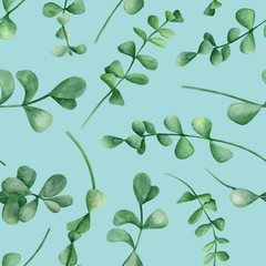 Obraz premium Watercolor eucalyptus branches seamless pattern. Hand drawn silver dollar plants with round leaves isolated on blue background. Design for wallpaper, wrapping, cards, home decor, wedding