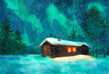 Watercolor night winter landscape with house and forest background,  Northern Lights