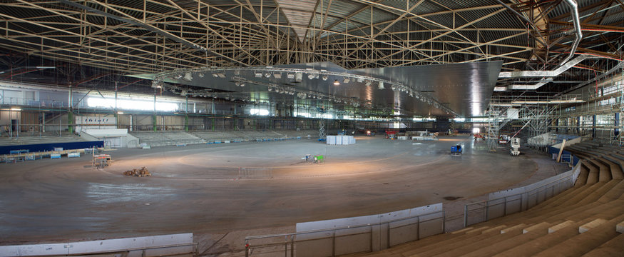 Modern Dutch architecture.. Netherlands. Sportcentre Thialf Heereveen Friesland. Construction site panorama ice skate ring