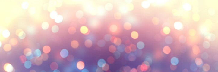 Fototapeta premium Xmas glitter banner. Empty background bokeh. Blurry texture yellow pink lilac sparkles. Abstract template confetti. Defocus pattern holiday.