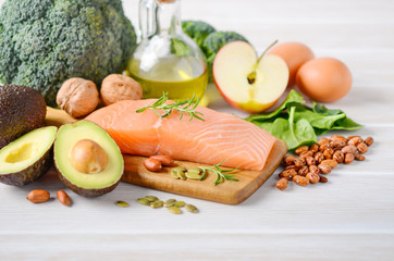 Selection of healthy products. Balanced diet concept.