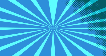 Vintage colorful comic book background. Blue blank bubbles of different shapes. Rays, radial, halftone, dotted effects. For sale banner for your designe 1960s. With copy space eps10.