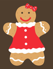 Baked gingerbread cookie for christmas celebration. Xmas holidays and new year traditional symbolic food. Sweets for december 25. Female character with red costume and decorative bow on head vector