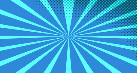 Vintage colorful comic book background. Blue blank bubbles of different shapes. Rays, radial, halftone, dotted effects. For sale banner for your designe 1960s. With copy space eps10.