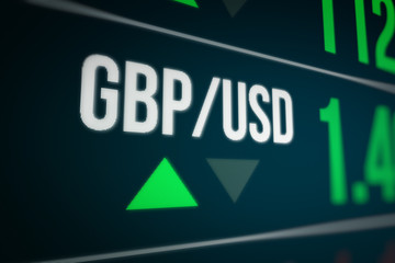 Currency Exchange on LED Display. Strength and Power Up of the British Pound (GBP)