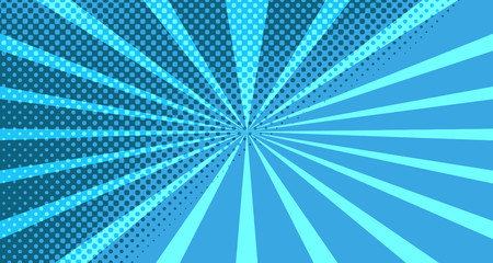 Vintage colorful comic book background. Blue blank bubbles of different shapes. Rays, radial, halftone, dotted effects. For sale banner for your designe 1960s. With copy space eps10.