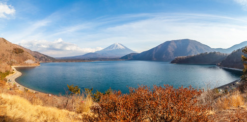 The view of Lake Motoko, One of the 5 lakes around Mount Fuji  in the bright blue sky. Landmark, Japan, Fuji san, Yamanashi, Panorama