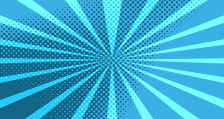 Vintage colorful comic book background. Blue blank bubbles of different shapes. Rays, radial, halftone, dotted effects. For sale banner for your designe 1960s. With copy space eps10.