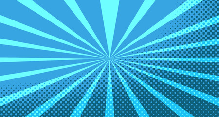 Obraz premium Vintage colorful comic book background. Blue blank bubbles of different shapes. Rays, radial, halftone, dotted effects. For sale banner for your designe 1960s. With copy space eps10.