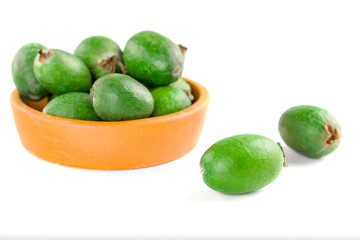 Juicy and ripe feijoa isolated on a white background. Healthy autumn fruit.
