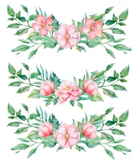 Foto op Plexiglas Three bouquets of watercolor floral elements, flowers, leaves, peonies for greeting cards, invitations, weddings. Wildflowers, herbs, leaves and branches, illustration isolated on white background. © Iuliia
