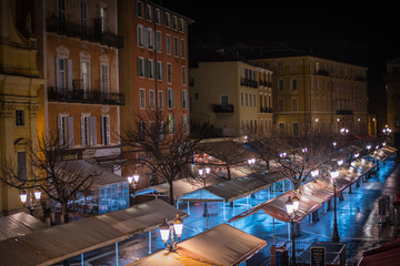 Rainy streets of Nice in the evening