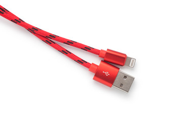 Red USB cable for phone and tablet isolated on white background