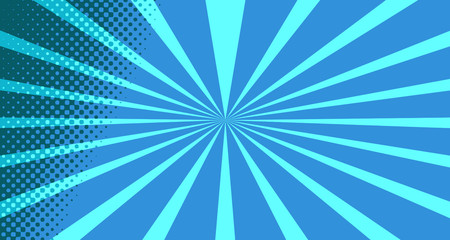 Vintage colorful comic book background. Blue blank bubbles of different shapes. Rays, radial, halftone, dotted effects. For sale banner for your designe 1960s. With copy space eps10.