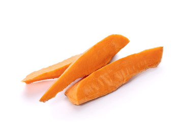 Orange Sweet Potato Root Uncooked Sliced Pieces. Organic Healthy Fresh Batata Ready for Cooking. Starchy Agricultural Nutrition Food Ingredient Isolated on White Background Cut Out